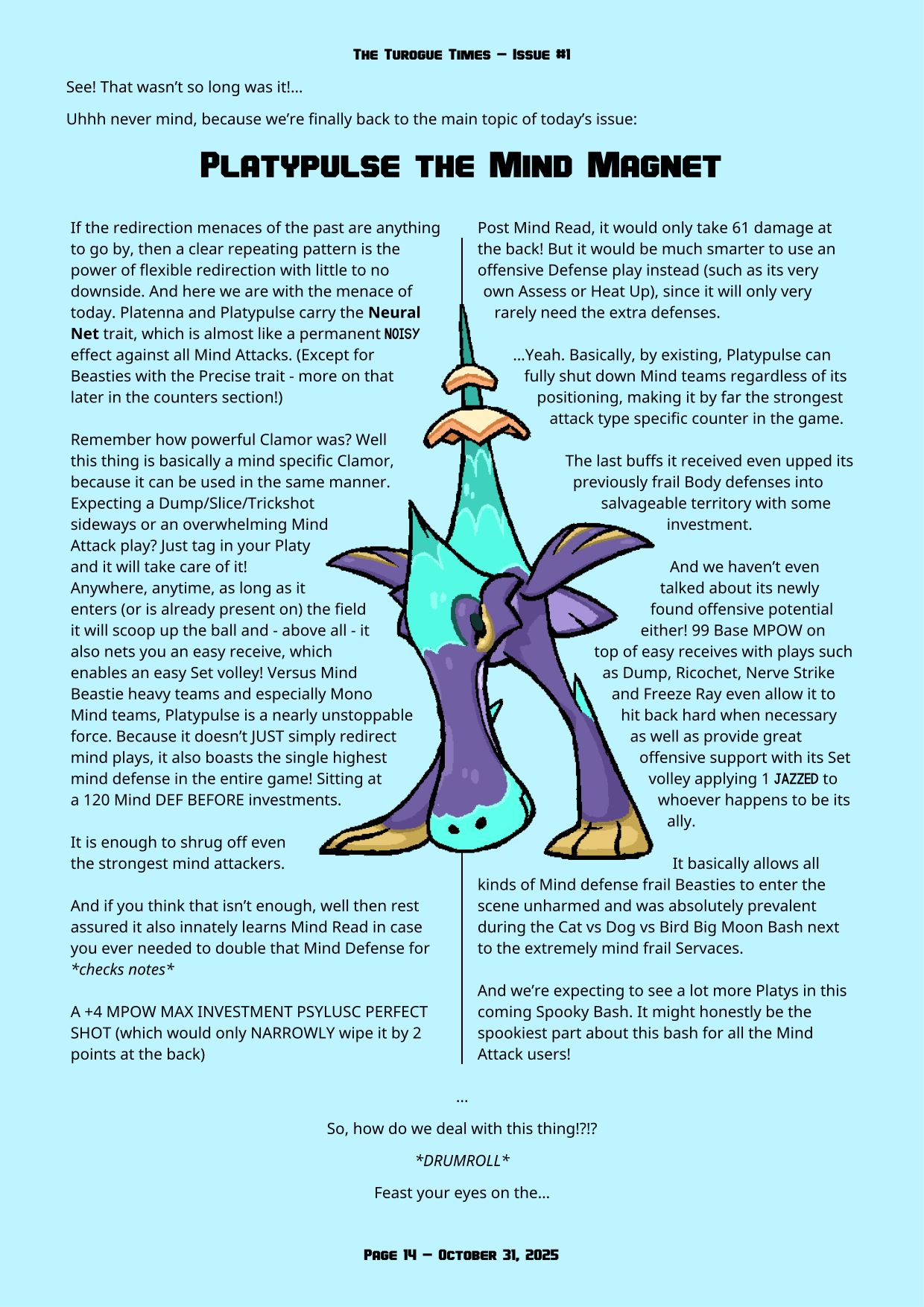 Page 14 of the Turogue Times, a Beastieball newsletter. This page is a Mechanics Deep Dive about redirection. For a more screen reader friendly format, please see the PDF download above.